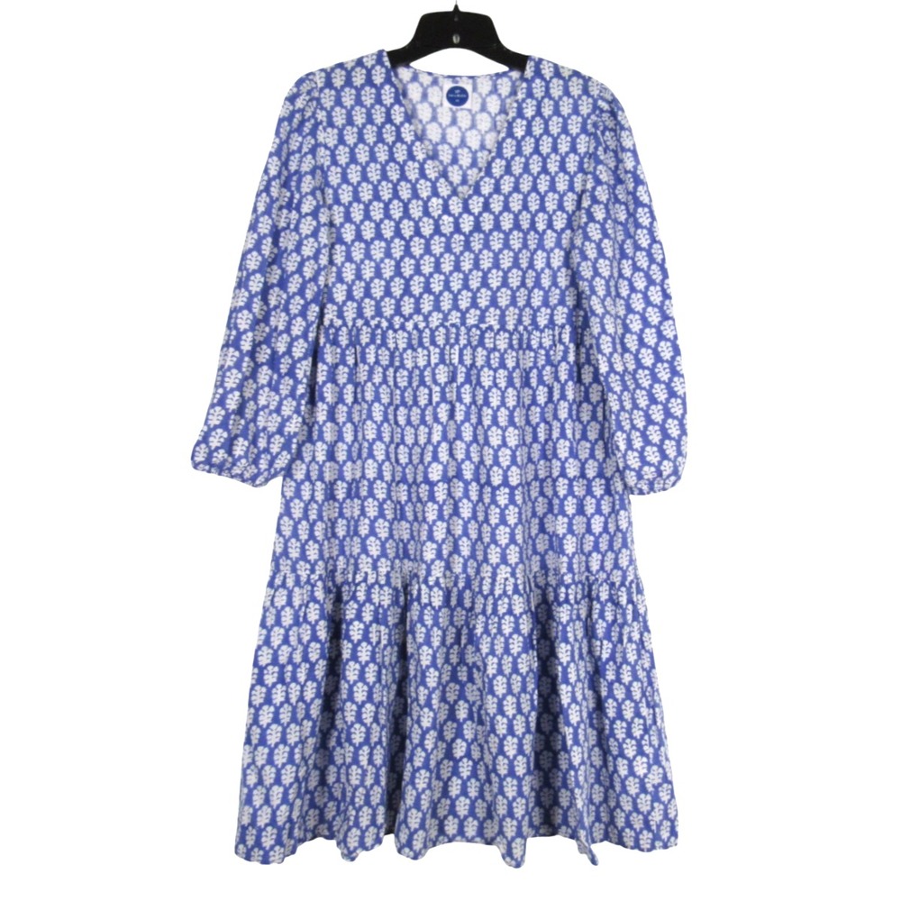 VINEYARD VINES Blue SEASTITCH FLORAL PRINT Twill V-Neck TIERED MIDI DRESS Sz XS